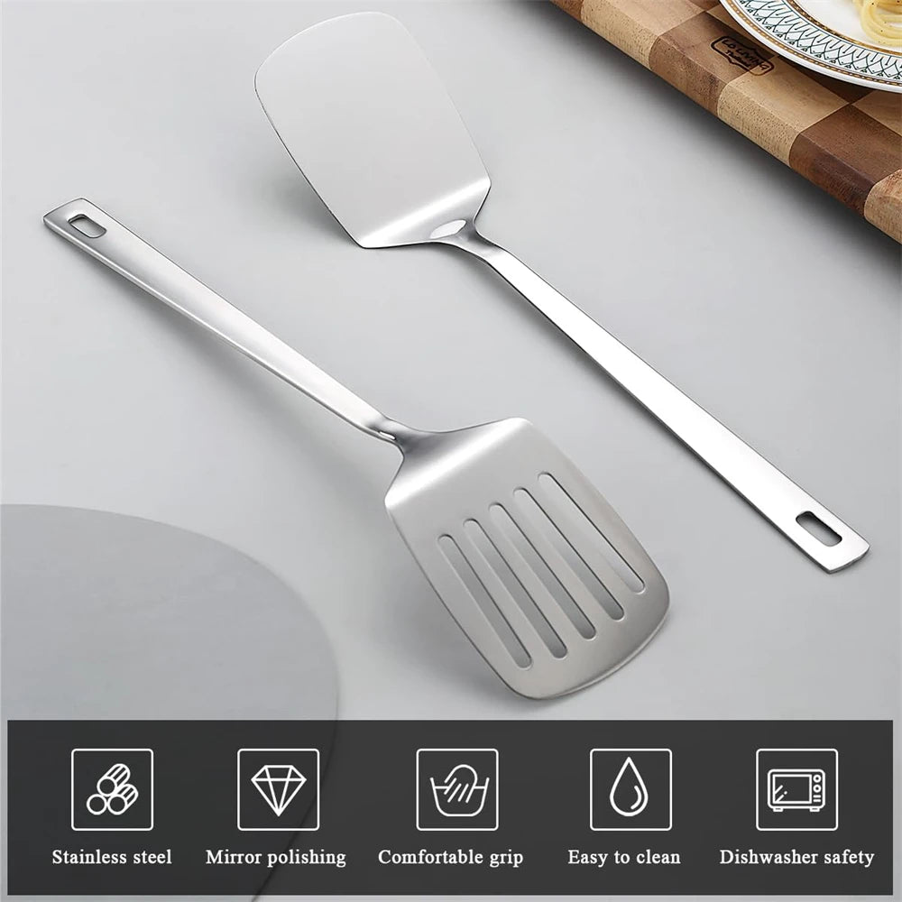 2-Piece Stainless Steel Spatula Set – Slotted & Solid Turner Kitchen Spatula Set SPOT