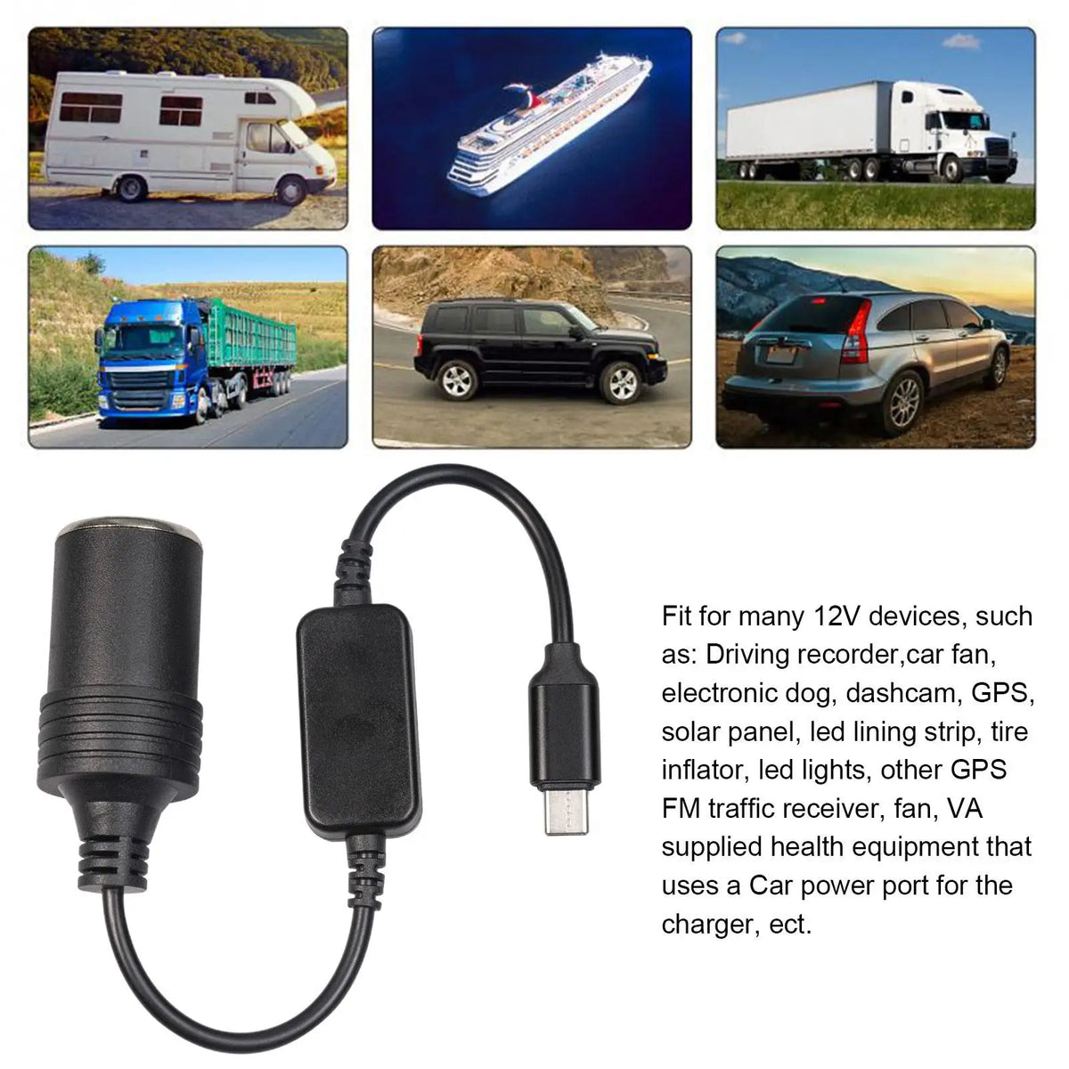 USB-C to 12V Car Cigarette Lighter Socket Converter Cable Car Power Adapter SPOT