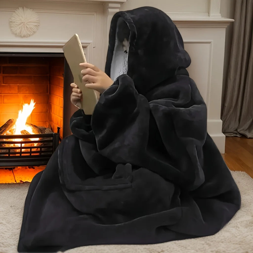 Oversized Reversible Fleece Hoodie Blanket – Soft Plush Wearable Wearable Hoodie Blanket SPOT black