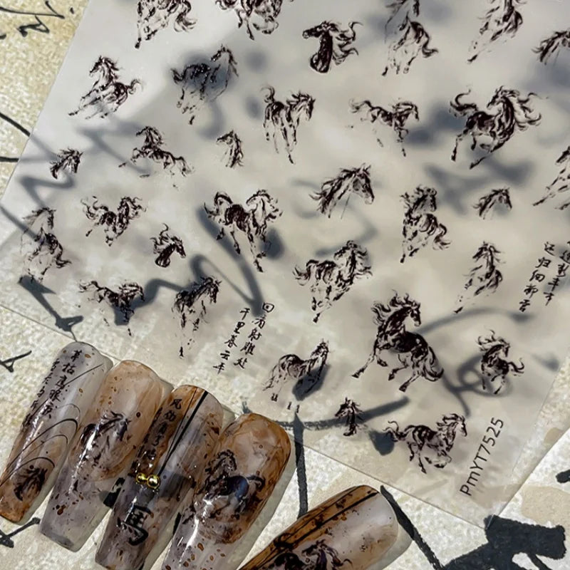 Ink Painting Horse Nail Art Stickers – Black & White Decals Nail Art Stickers SPOT