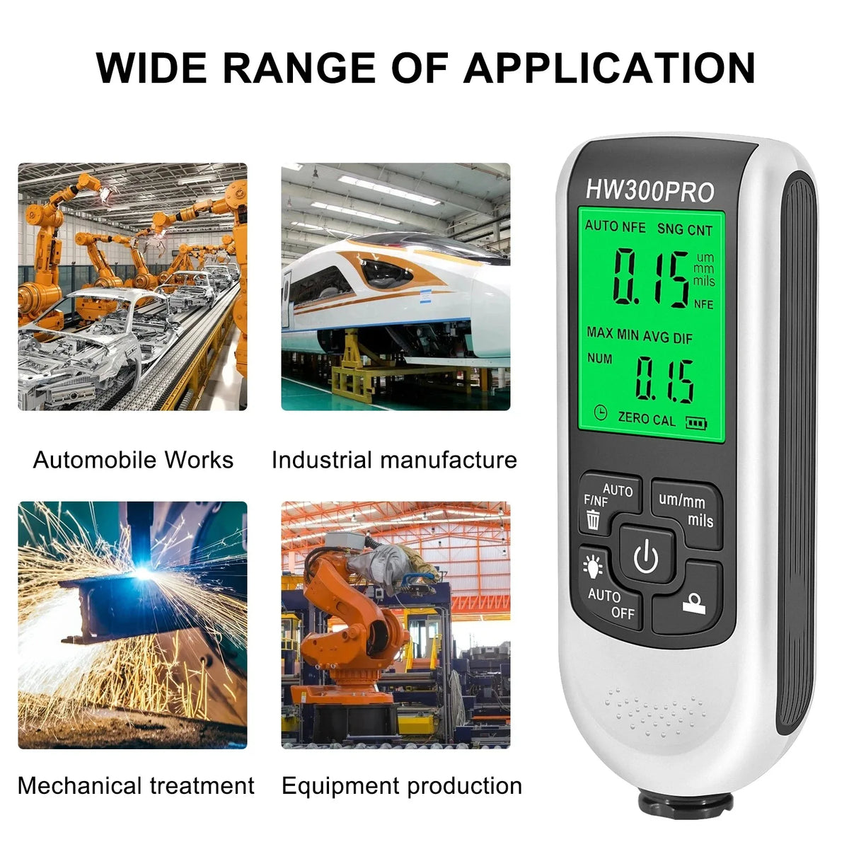 HW300PRO Paint Thickness Gauge 0–2000µm Fe/NFe Coating Tester Paint Thickness Gauge SPOT