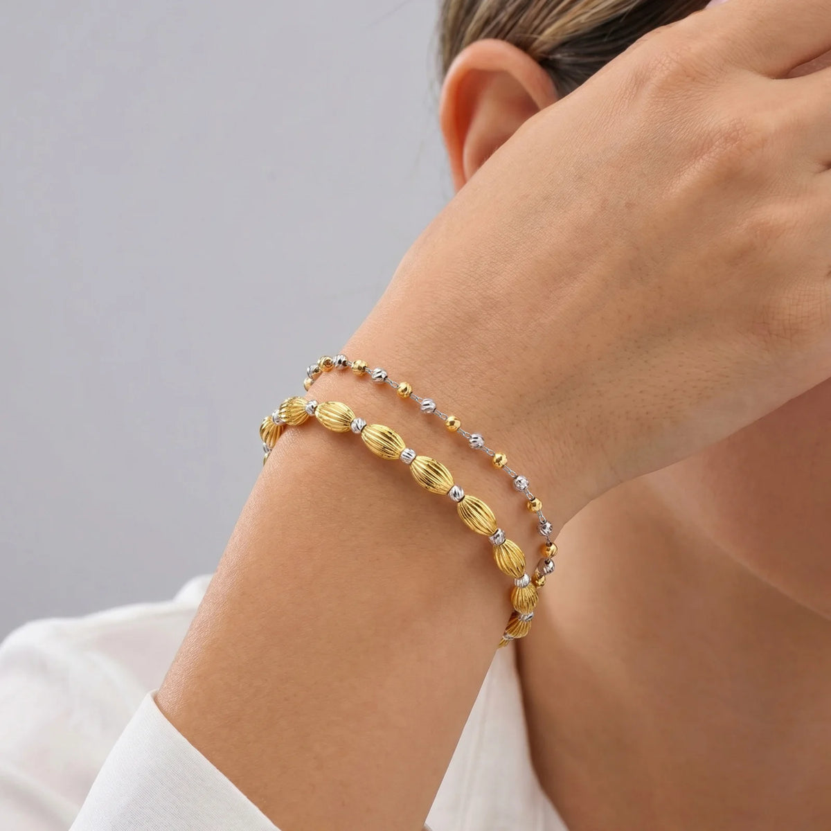 Two-Tone Ball Bead Bracelet – 18K Gold Plated Stainless Steel Beaded Bracelet SPOT