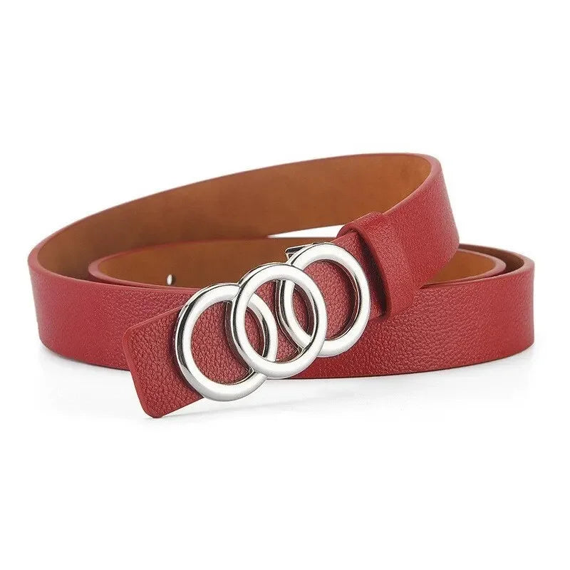 Women's PU Leather Belt – Silver Triple Circle Buckle Women's Fashion Belt SPOT