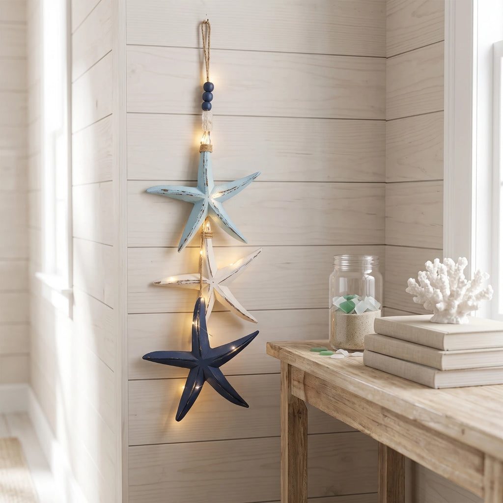 Wooden Sea Star Wall Hanger – Coastal Beaded Ornament, 59cm Coastal Wall Hanging SPOT