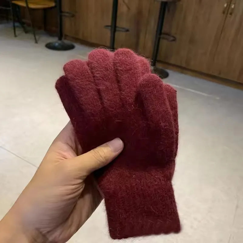 Women's Fluffy Knit Winter Gloves – Warm Plush Full Finger Winter Knit Gloves SPOT Wine Red