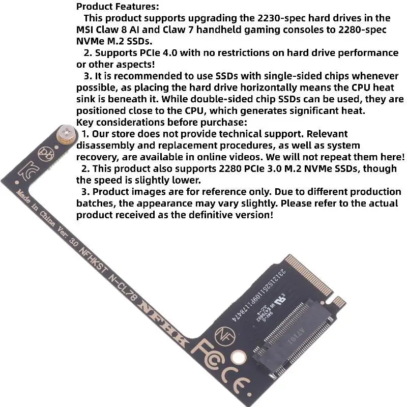 M.2 NVMe 2230 to 2280 SSD Adapter Riser Card – MSI Claw SSD Adapter Card SPOT