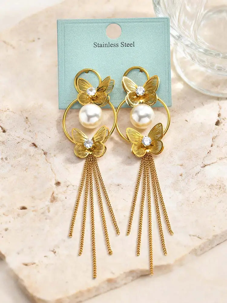 Vintage Gold Butterfly Tassel Earrings – 18K Gold Plated Dangle Drop Earrings SPOT