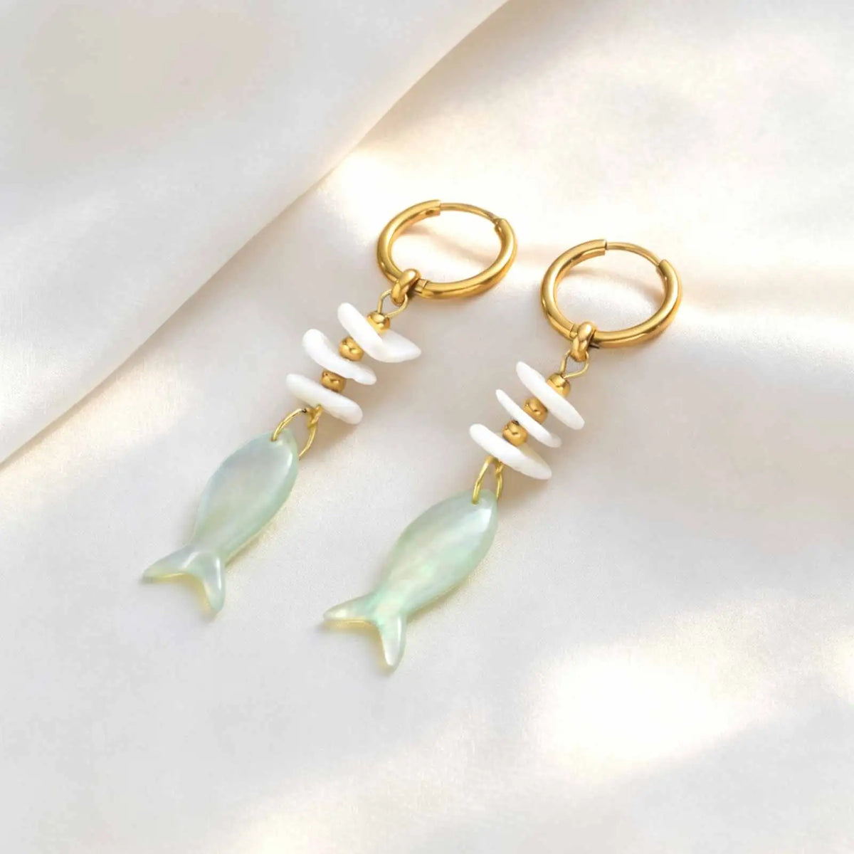 Ocean Fish Drop Earrings – 18K Gold Shell Bead Dangles Drop Dangle Earrings SPOT