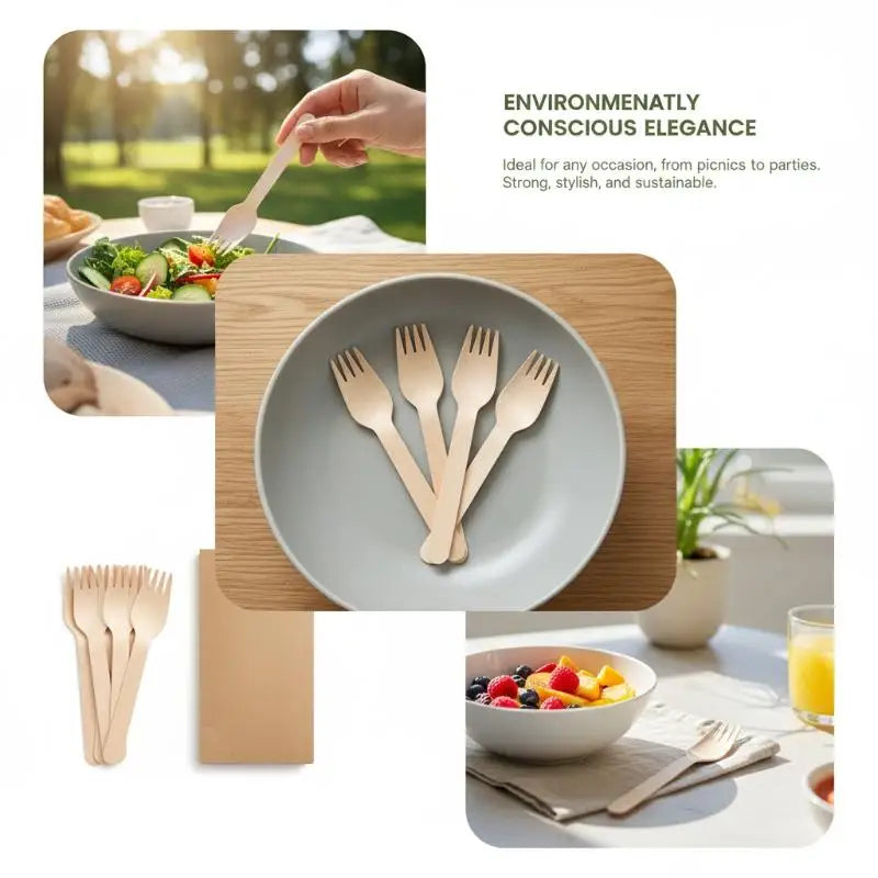 100-Pack Disposable Wooden Forks – Compostable Eco Tableware Disposable Wooden Cutlery SPOT