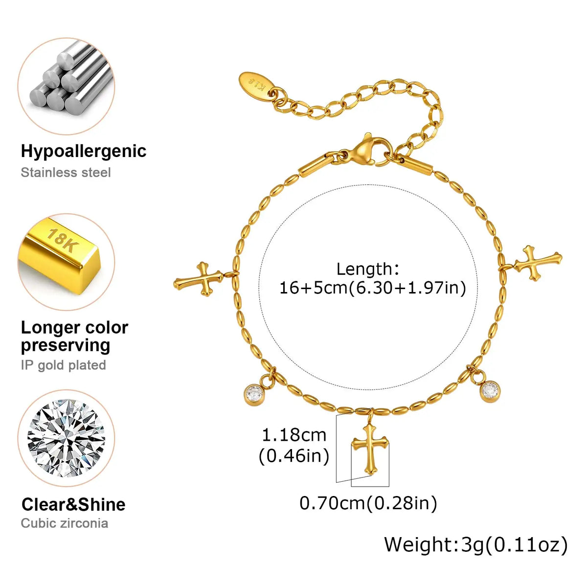 CZ Cross Bracelet Gold Plated Olive Bead Chain for Women Charm Bracelet SPOT