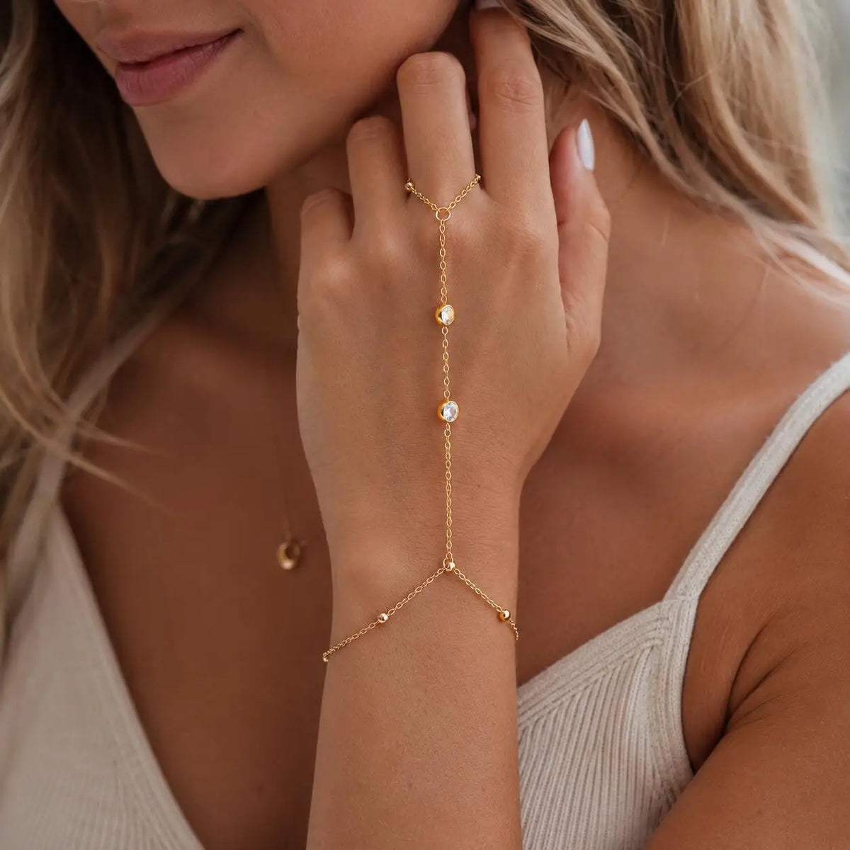 Women's Gold CZ Hand Chain Bracelet – Double Layer Slave Ring Hand Chain Bracelet SPOT
