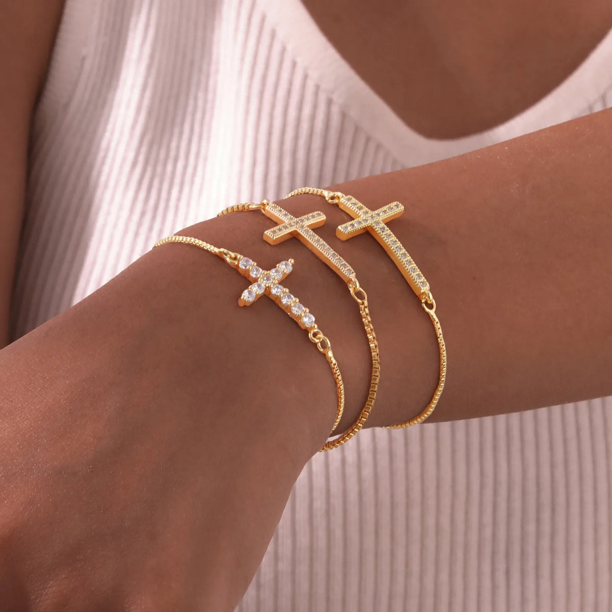 Zircon Sideways Cross Bracelet – Adjustable Gold Chain for Women Cross Chain Bracelet SPOT