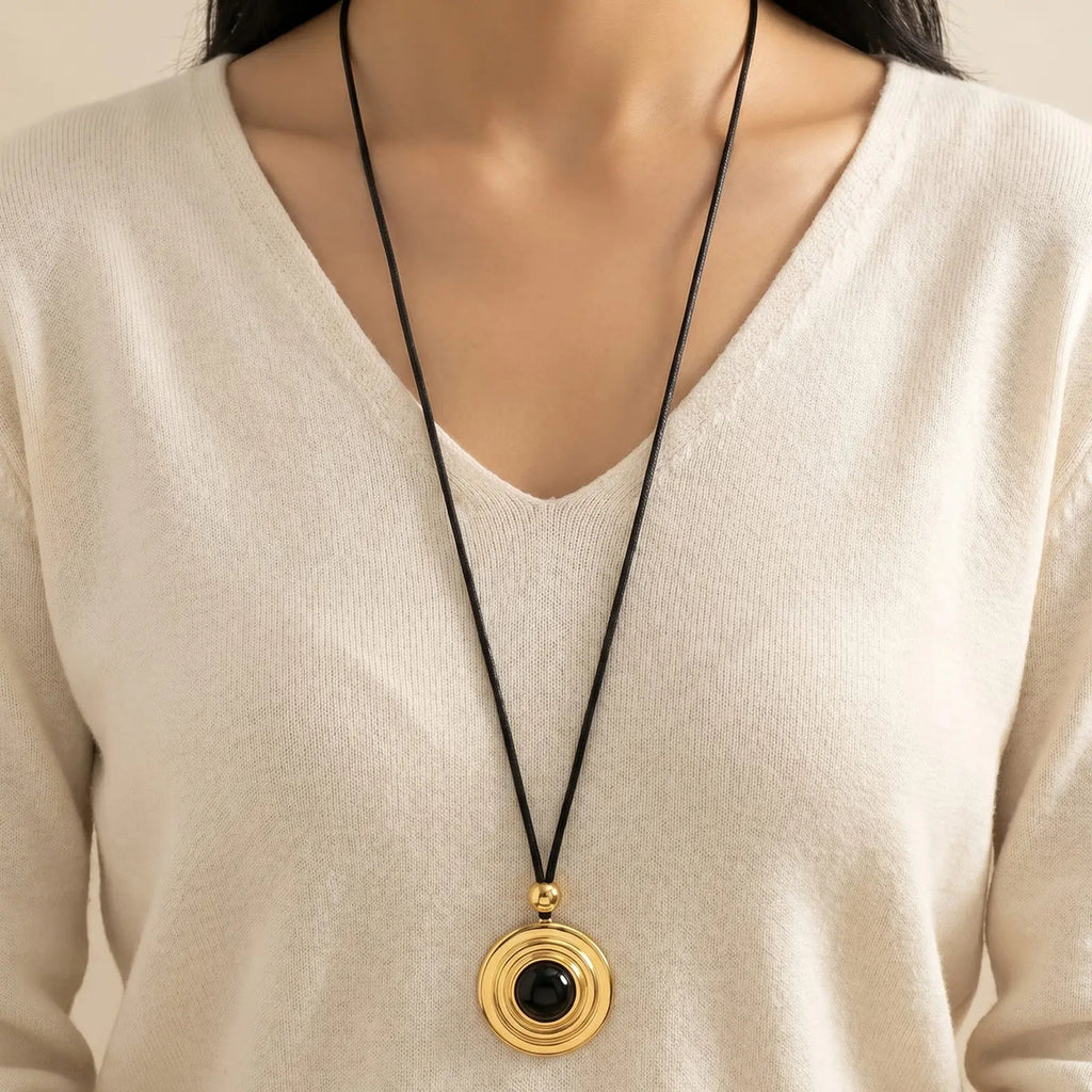 Black Onyx Round Pendant Necklace | Gold Boho Jewelry Pendant Necklace SPOT