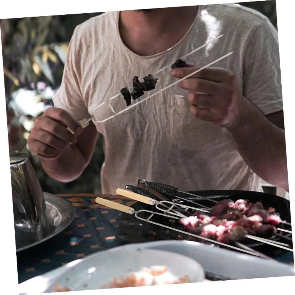 Stainless Steel BBQ Double Prong Skewers | Wood Handle Grill Fork BBQ Grill Skewers SPOT