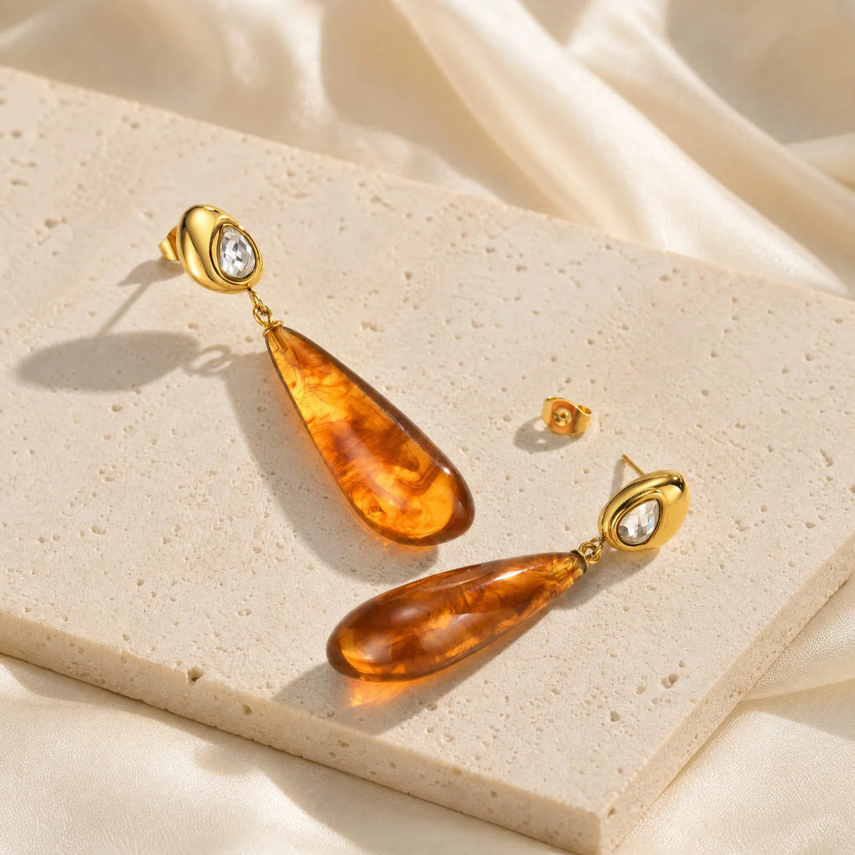 Amber Resin Teardrop Earrings – 18K Gold Plated Dangle Drop Dangle Earrings SPOT
