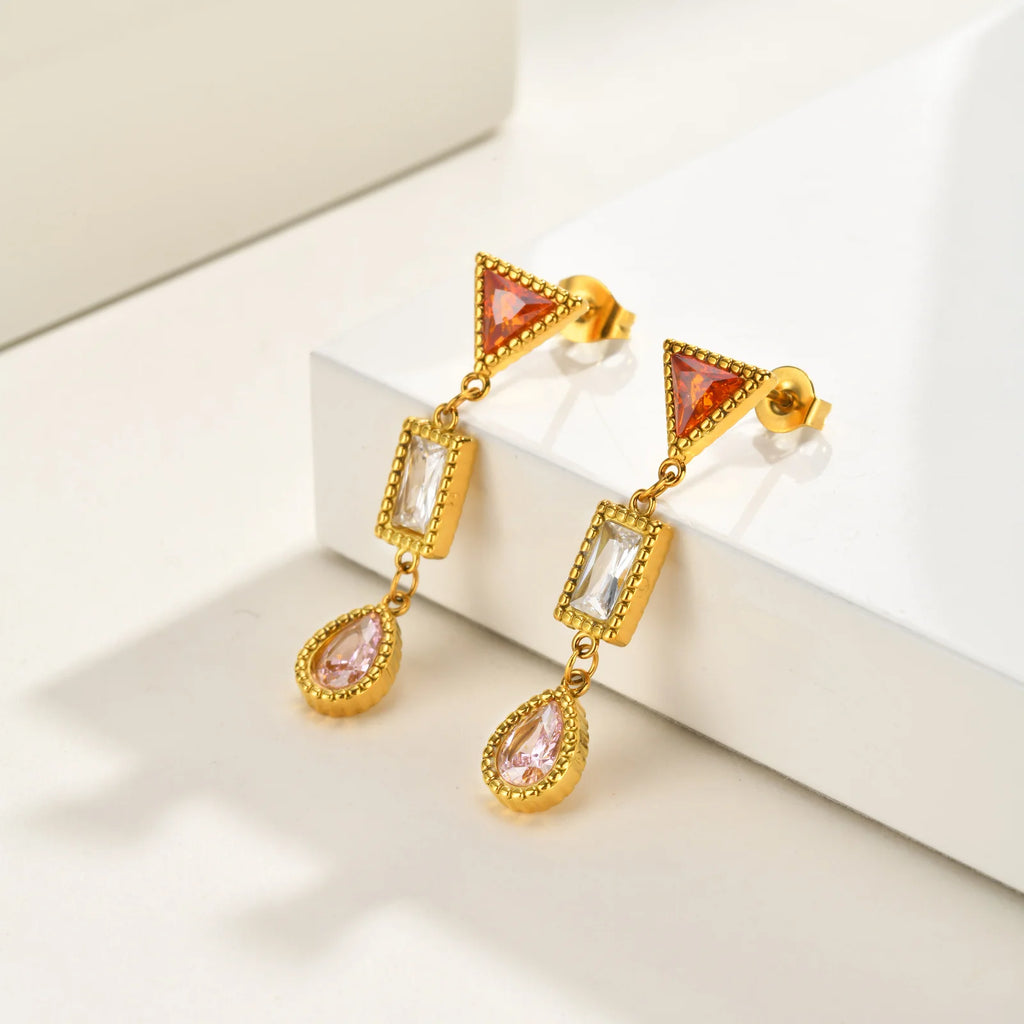 CZ Long Drop Dangle Earrings – Geometric Zirconia Gold Plated Drop Dangle Earrings SPOT