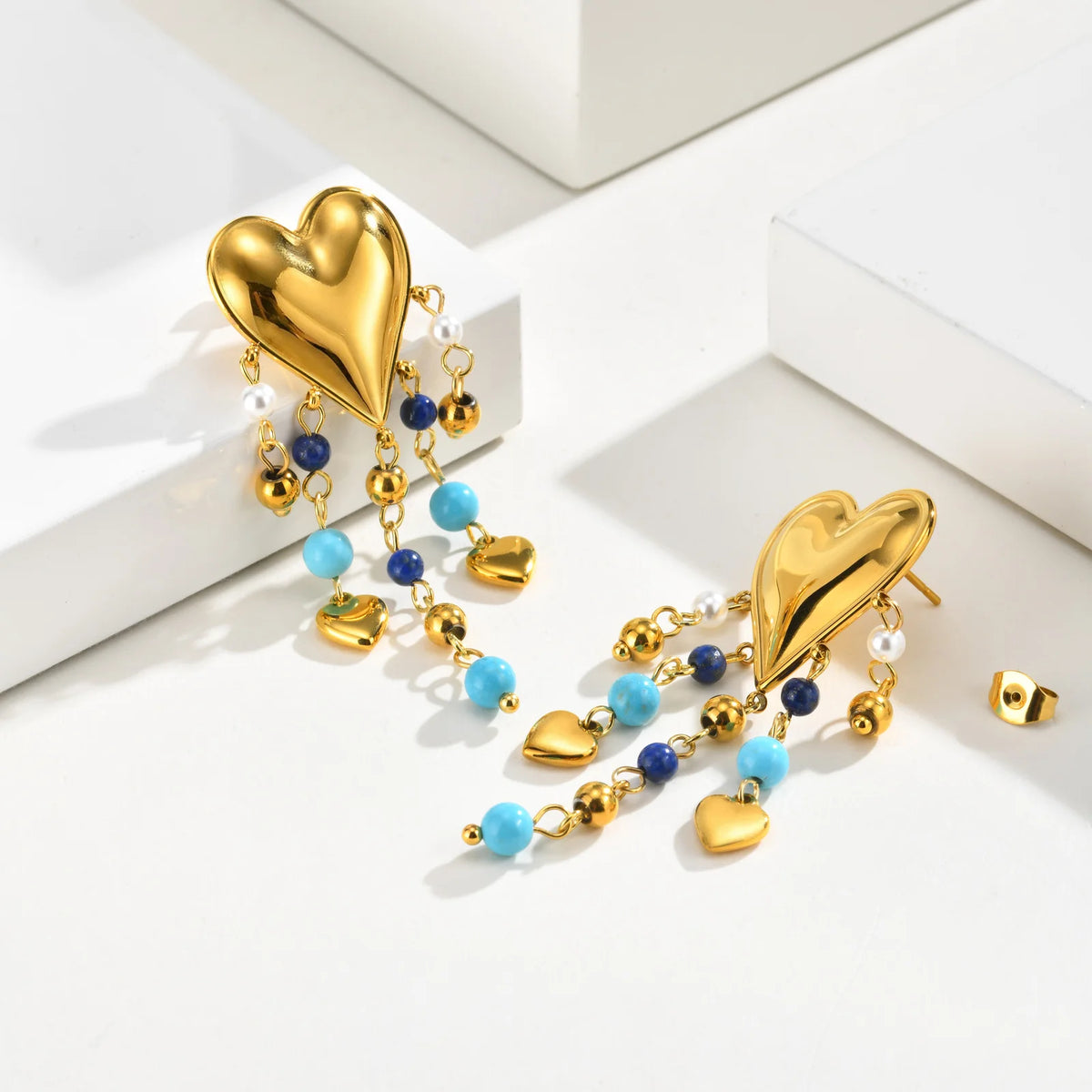 Heart Tassel Dangle Earrings – 18K Gold Plated Turquoise Pearl Dangle Drop Earrings SPOT