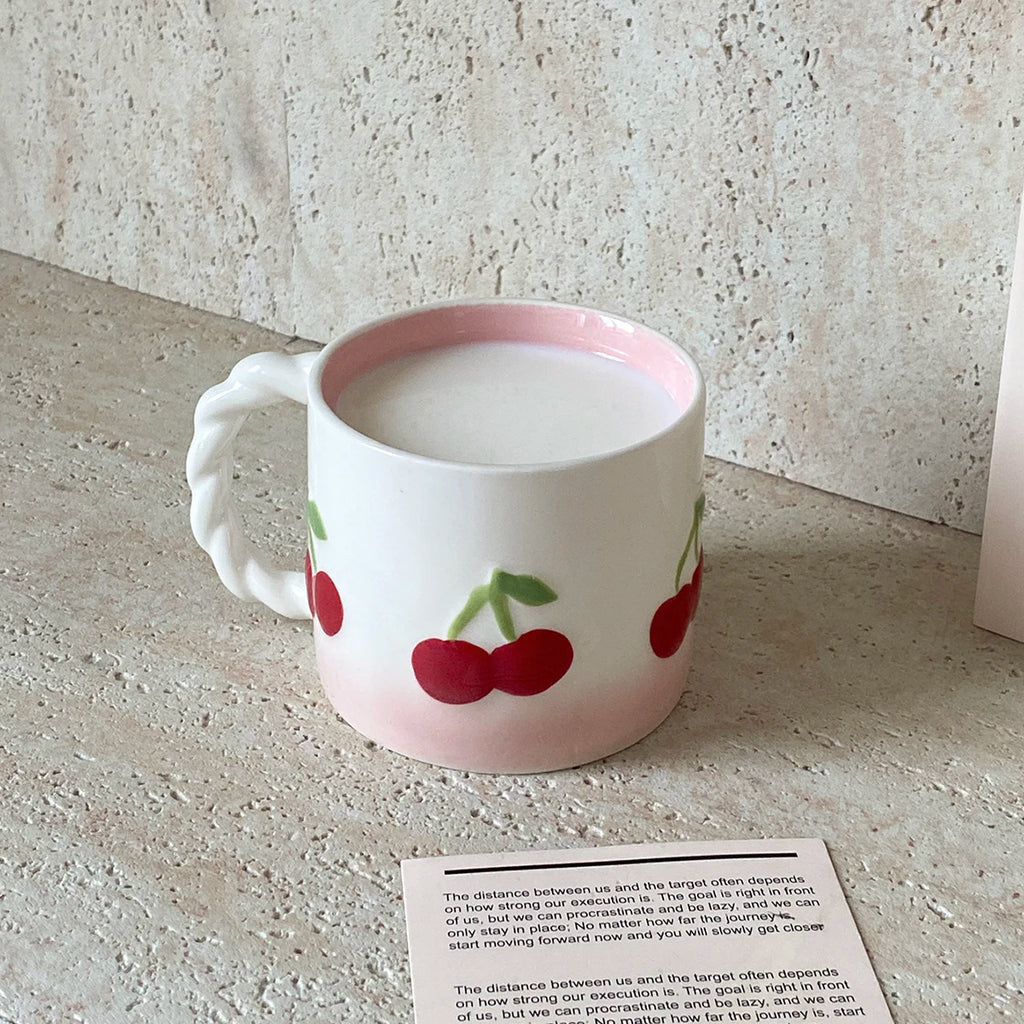 Pink Cherry Ceramic Mug 370ml – Twist Handle Gradient Cup Ceramic Coffee Mug SPOT Pink 370ml