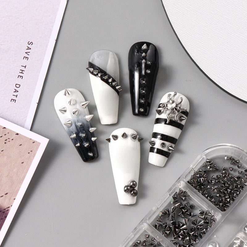 Y2K Punk Metal Rivet Nail Charms – 6-Grid Black & Silver Studs Nail Art Charms SPOT
