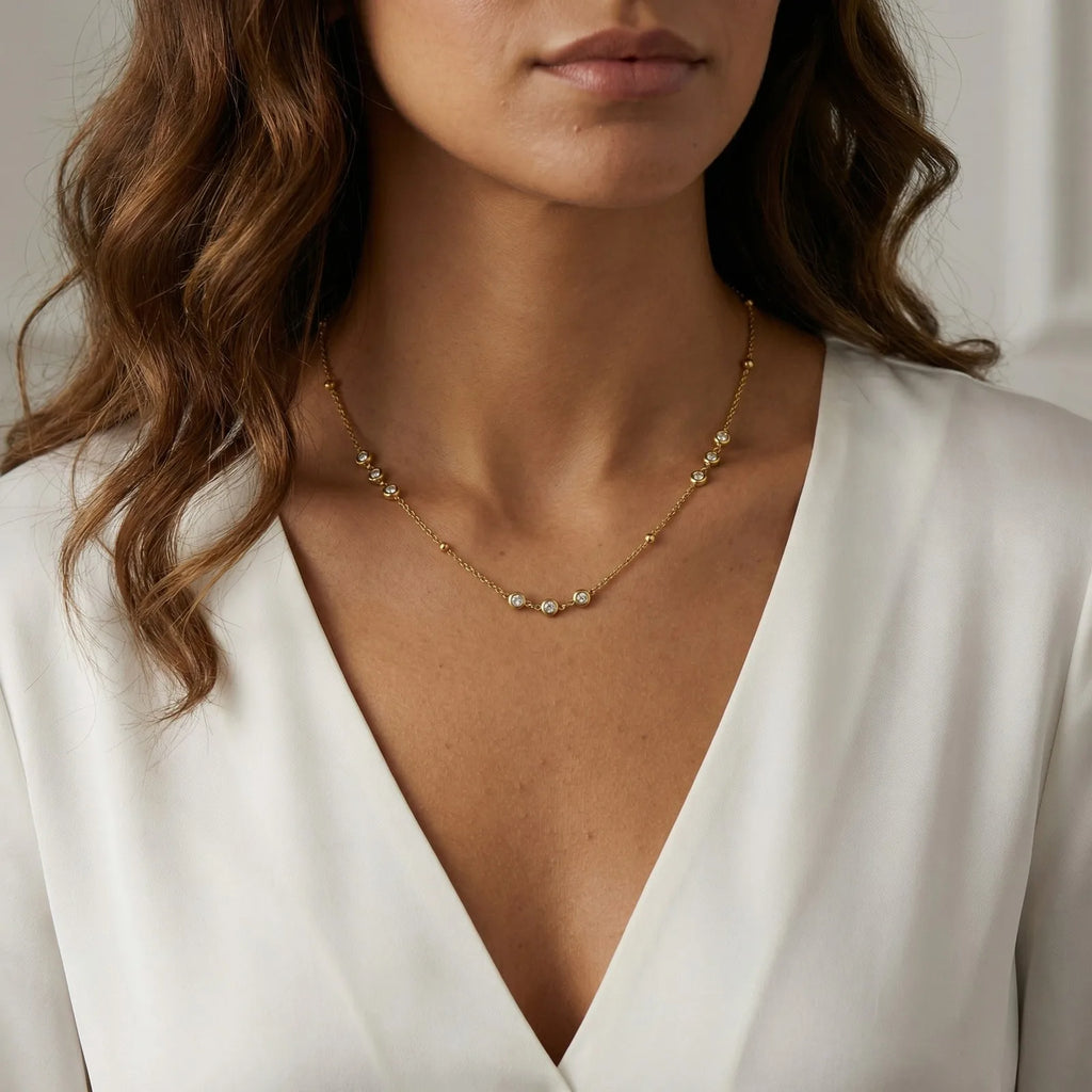 Gold Plated CZ Station Necklace – Dainty Minimalist Choker Station Choker Necklace SPOT
