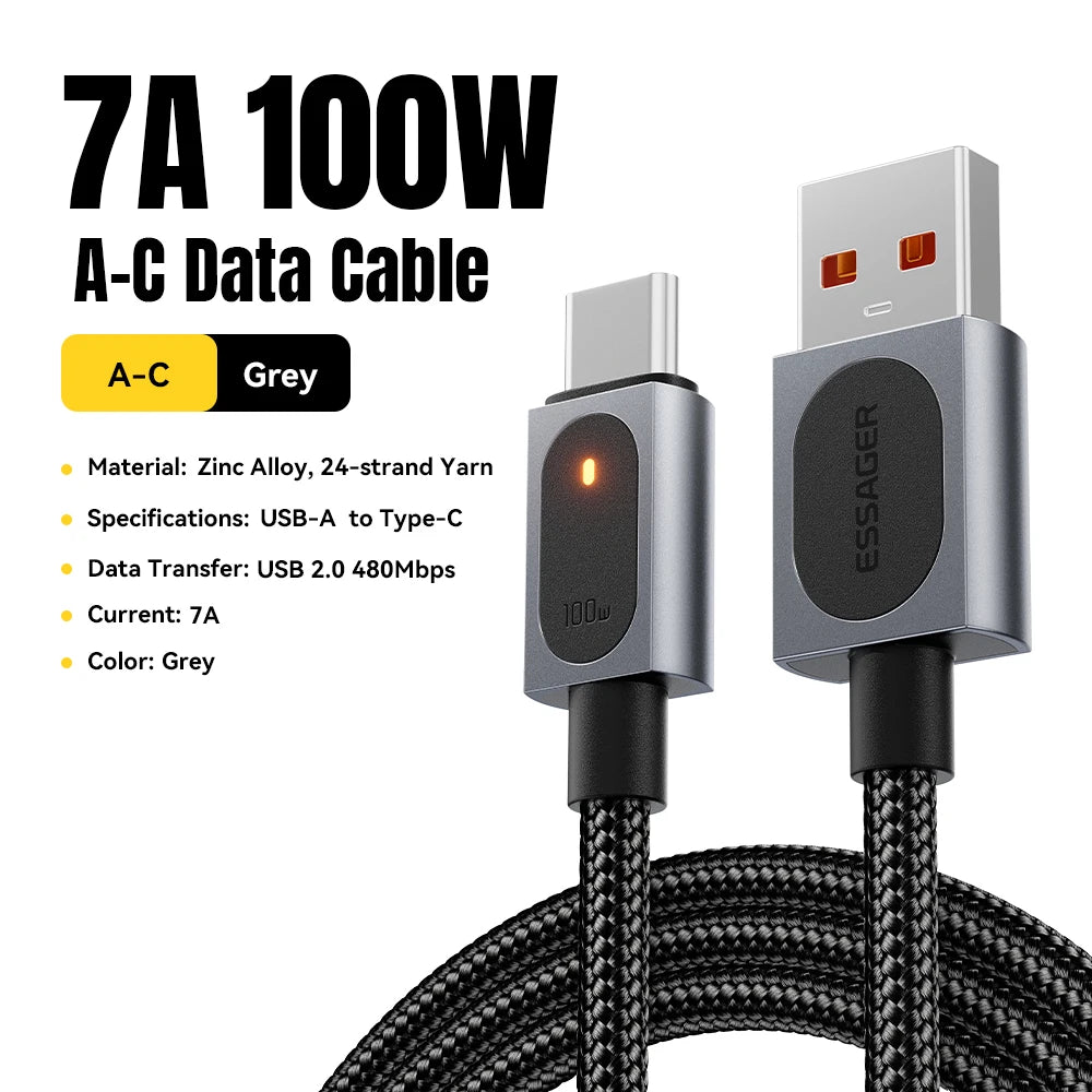 Essager 100W USB-A to USB-C Fast Charging Cable with LED USB Charging Cable SPOT Grey 0.25m