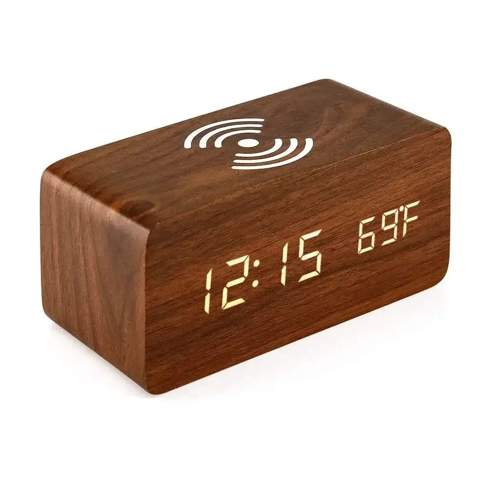 Wooden Digital Alarm Clock with Wireless Charging & LED Display Digital Alarm Clock SPOT Brown