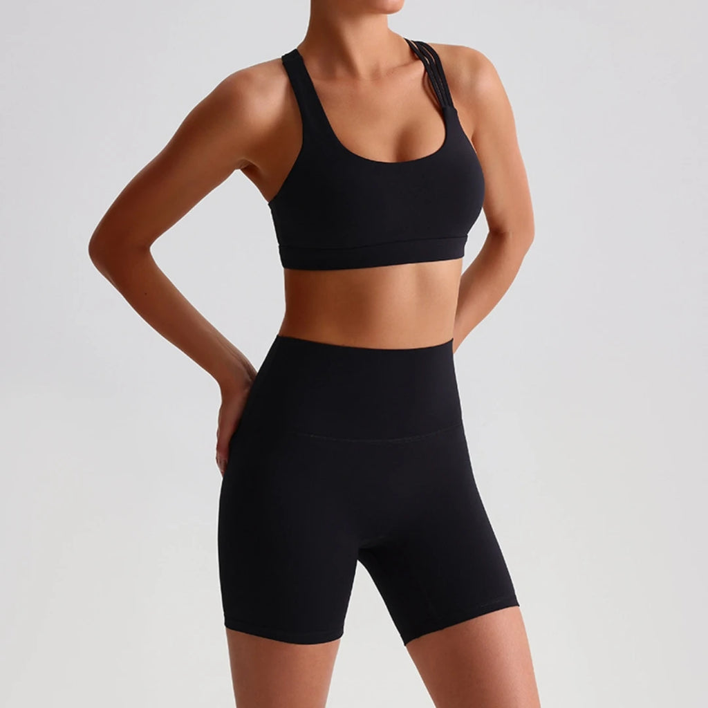Women's High Waist Yoga Short Legging & Cross Back Bra Set Yoga Activewear Set SPOT