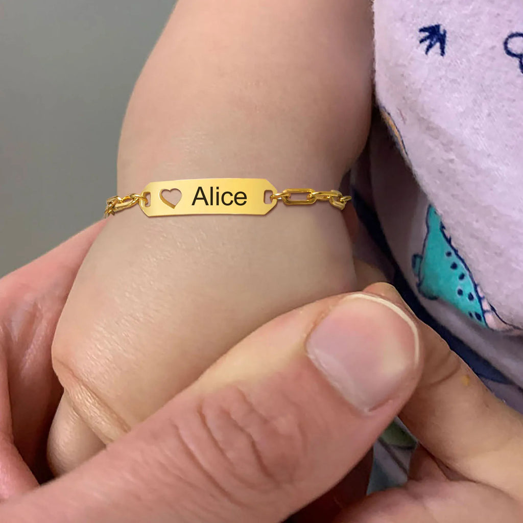 Engravable Kids Name ID Bar Bracelet – Gold Stainless Steel Personalized Kids Bracelet SPOT