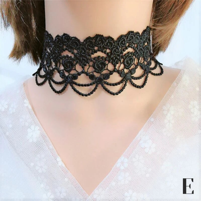 Gothic Lace Choker Necklace – Black Crystal Pendant Boho Jewelry Choker Necklace SPOT E