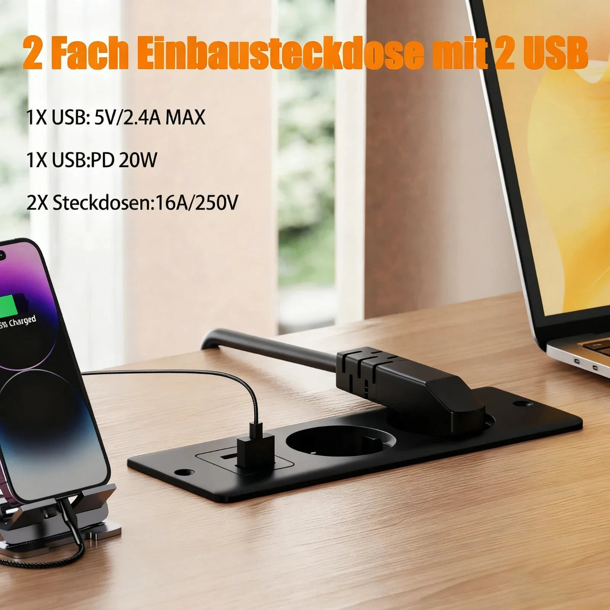 EU Recessed Desktop Power Outlet – USB-A, USB-C & 2M Cord Desktop Power Outlet SPOT