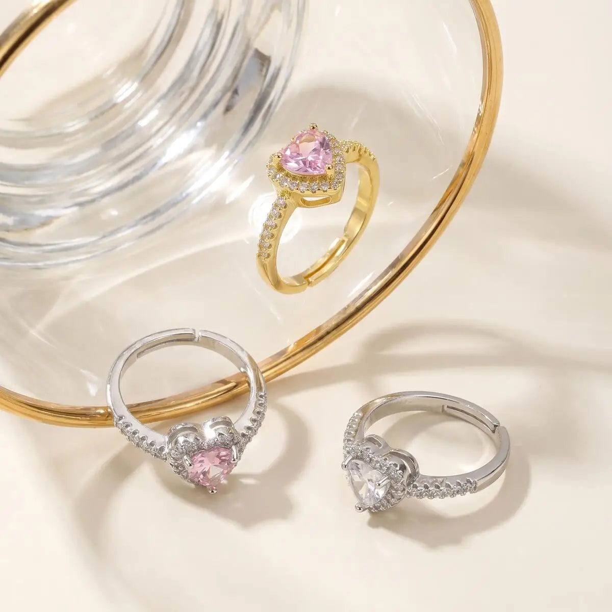 Adjustable Zircon Heart Ring for Women – Open Band, Silver Fashion Ring SPOT