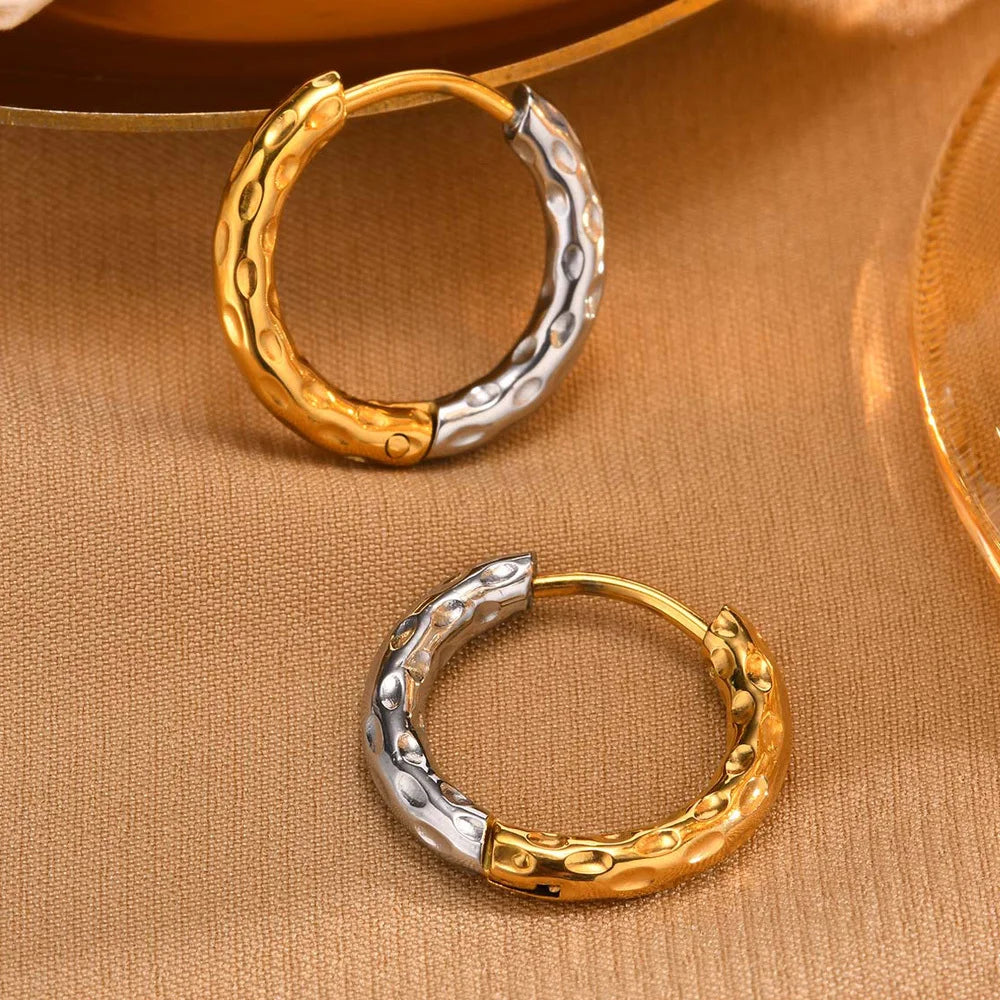Two-Tone Hammered Huggie Hoop Earrings | 24K Gold Plated Steel Huggie Hoop Earrings SPOT