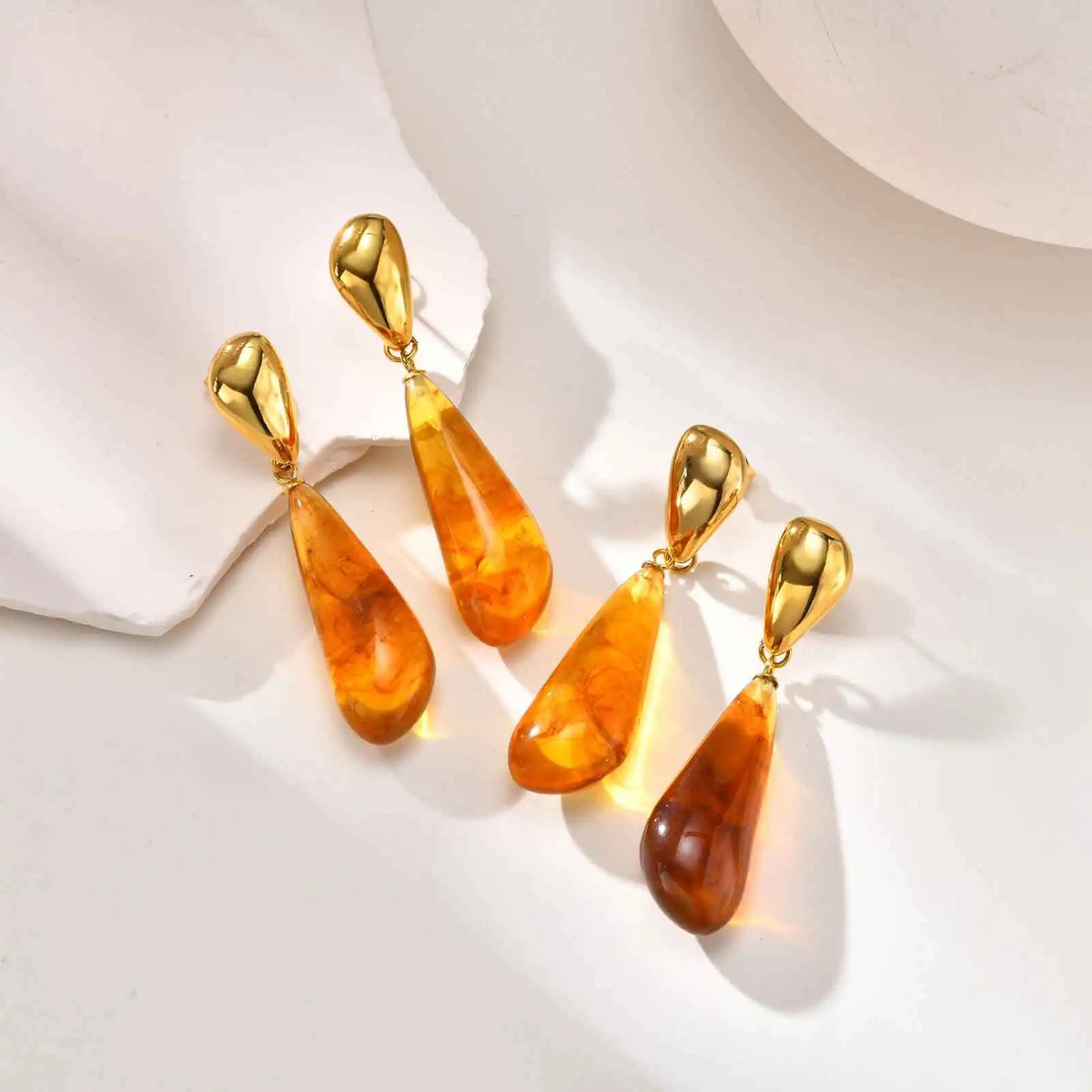 Amber Resin Teardrop Dangle Earrings – Gold Statement Drops Dangle Earrings SPOT