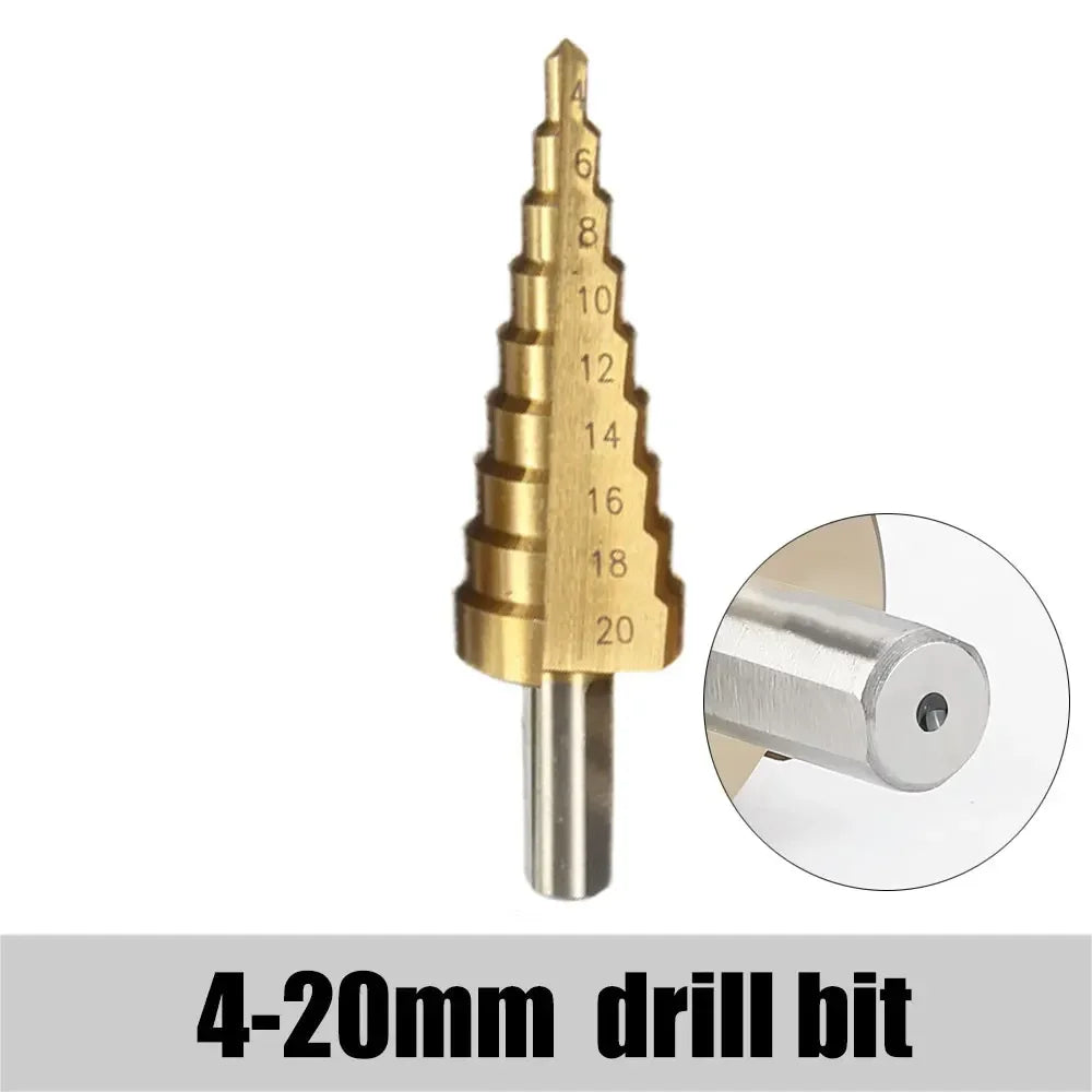 HSS Titanium Step Drill Bit Set – 3-12mm, 4-12mm, 4-20mm Step Drill Bit Set SPOT 4-20mm Triangle