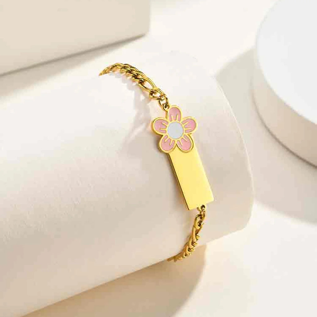 Engravable Gold Baby ID Bracelet – Pink Flower Figaro Chain Kids ID Bracelet SPOT