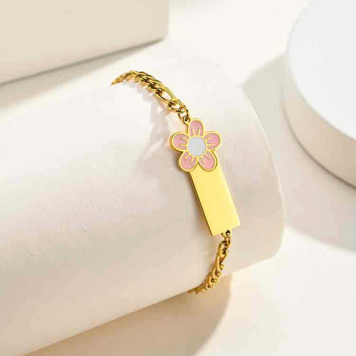 Engravable Gold Baby ID Bracelet – Pink Flower Figaro Chain Kids ID Bracelet SPOT