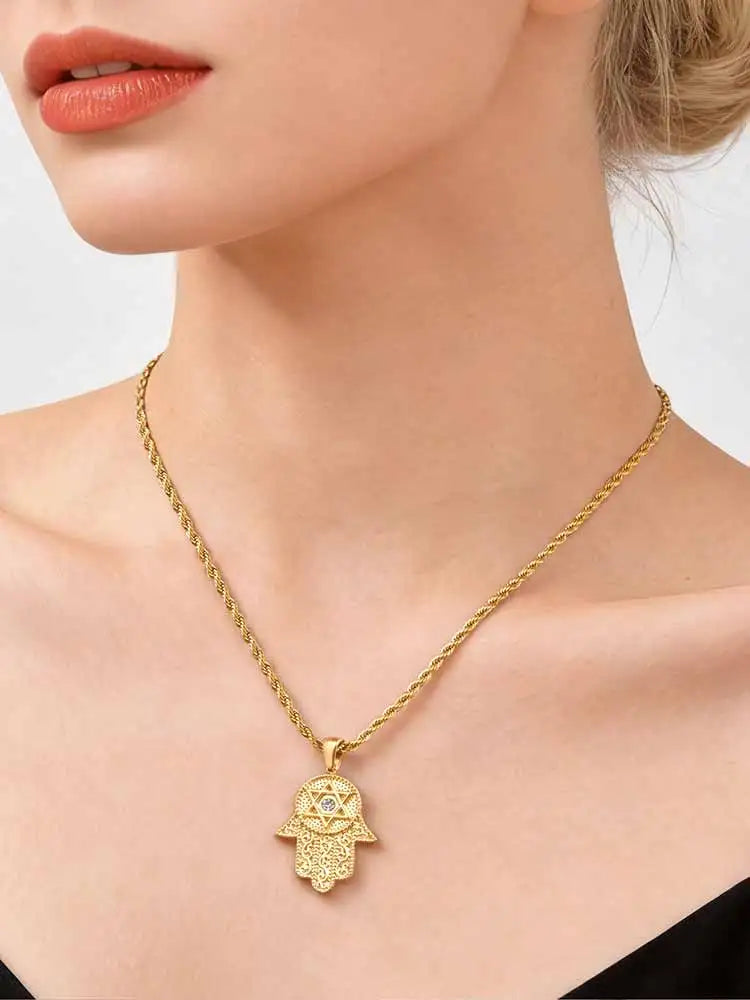 Hamsa Hand Star of David Necklace – 18K Gold CZ Pendant Pendant Necklace SPOT