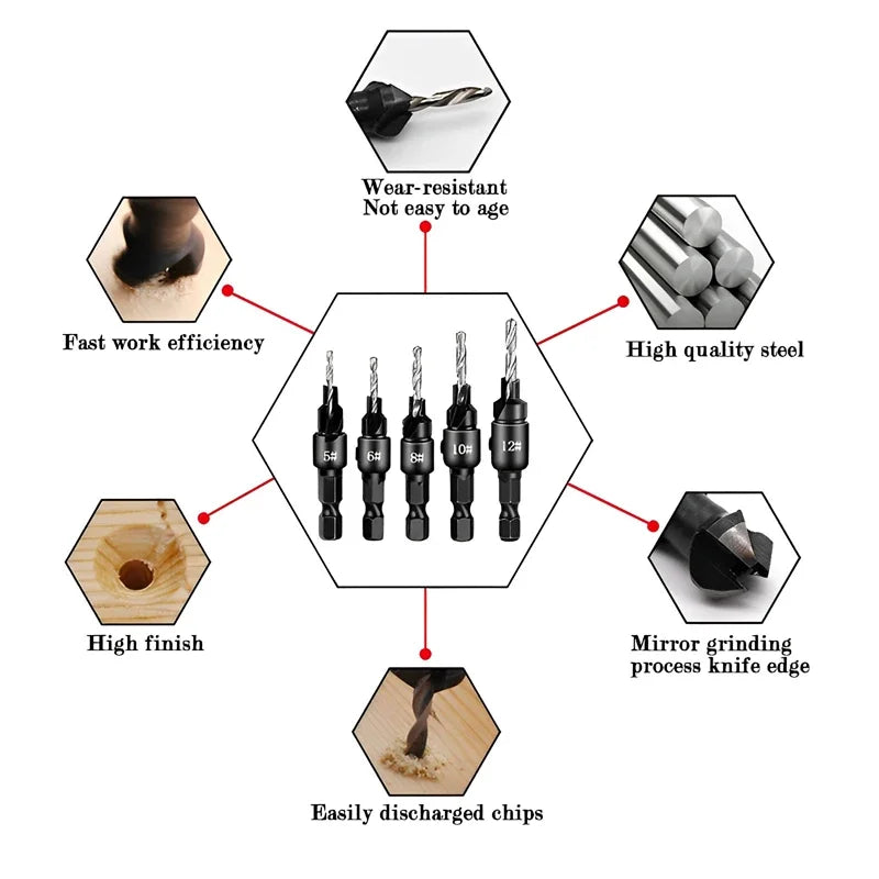 5-Pc Countersink Tapered Drill Bit Set – Hex Shank Wood Countersink Drill Bit Set SPOT