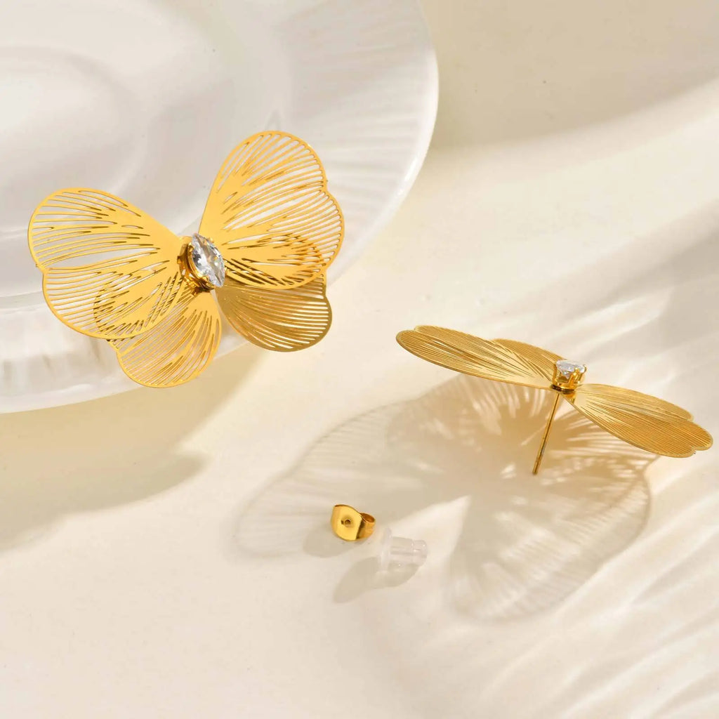 Butterfly Wing CZ Stud Earrings – Gold Stainless Steel Women Stud Earrings SPOT