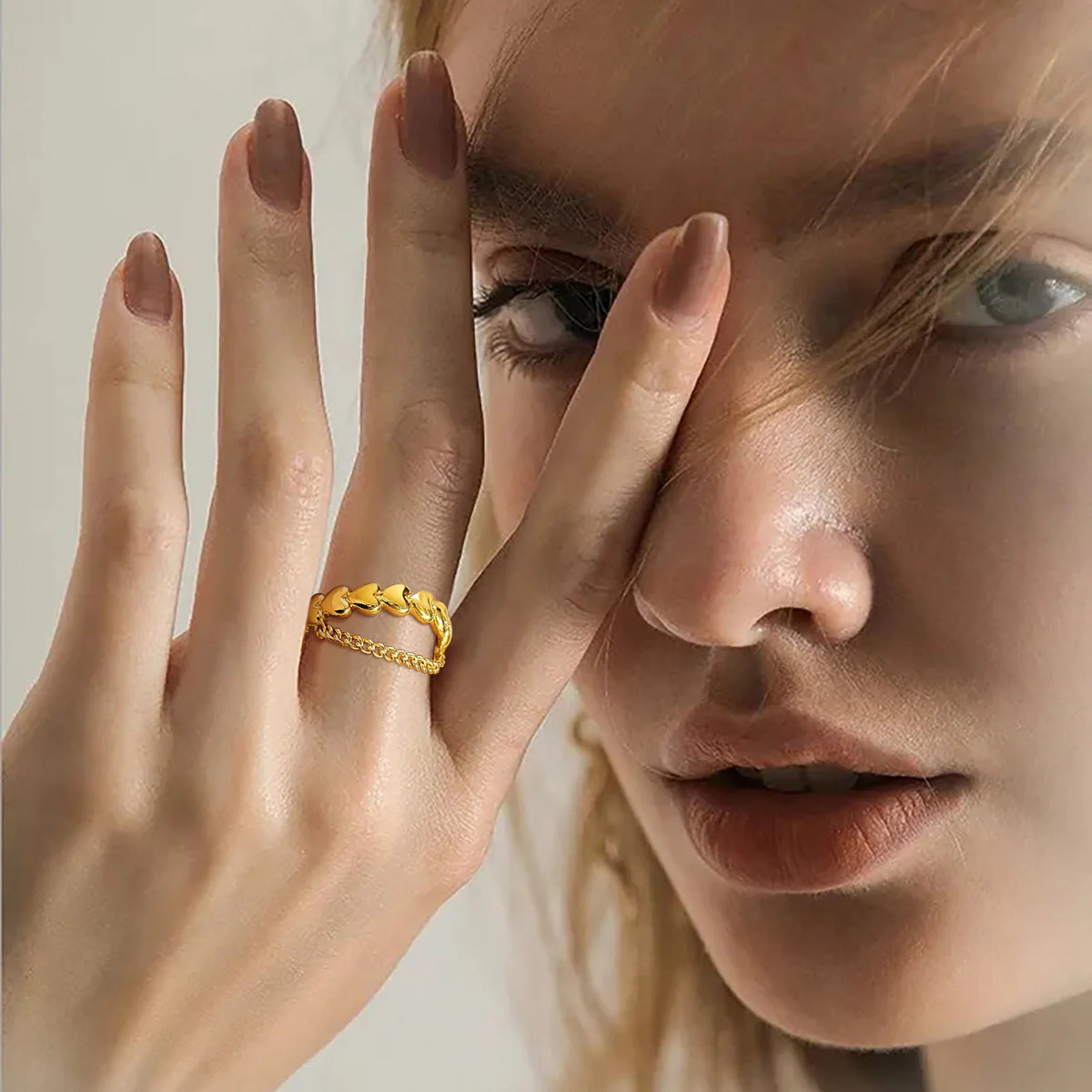 Meaeguet Heart Link Chain Ring – 18K Gold Plated, Adjustable Fashion Ring SPOT