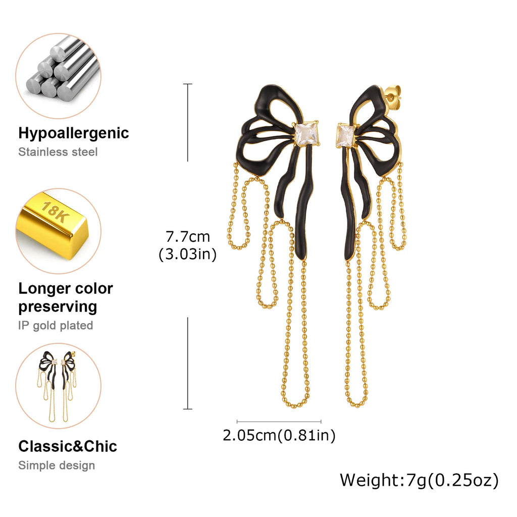 Black Bowknot CZ Tassel Earrings – 18K Gold Plated Steel Drop Earrings SPOT