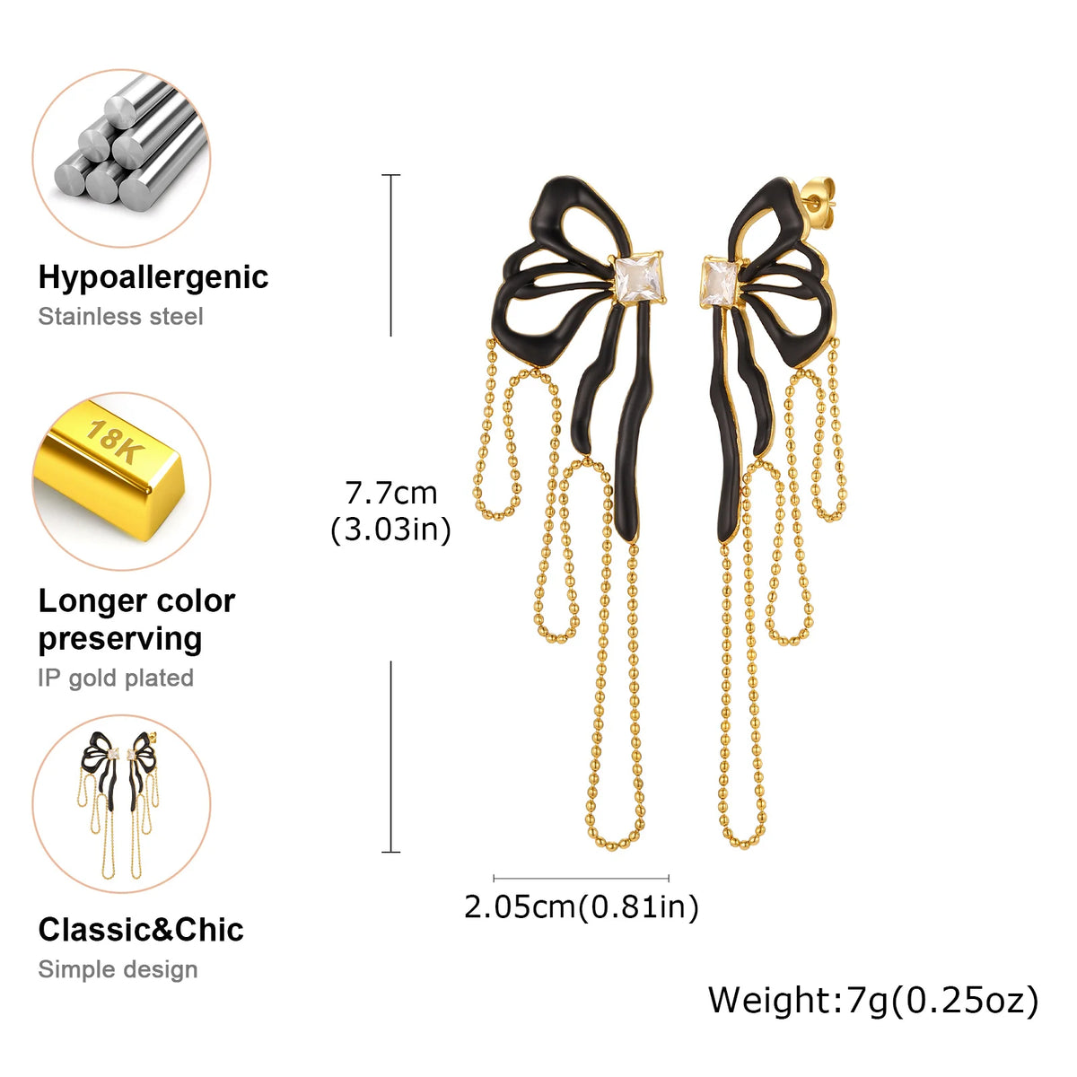 Black Bowknot CZ Tassel Earrings – 18K Gold Plated Steel Drop Earrings SPOT