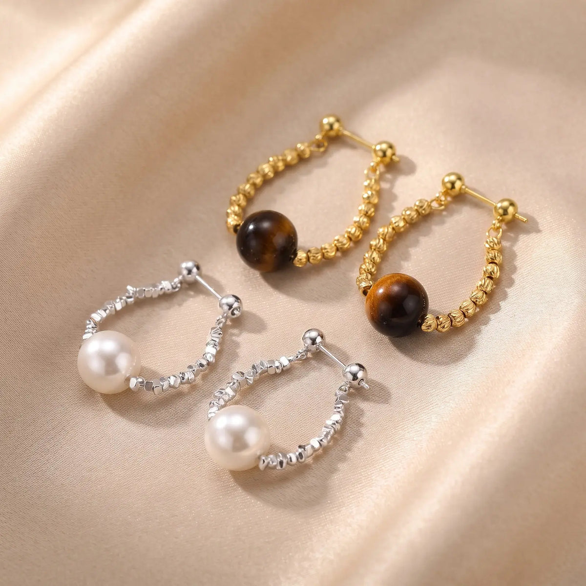 Gold Plated Tiger Eye & Pearl Beaded Drop Earrings – Meaeguet Beaded Dangle Earrings SPOT