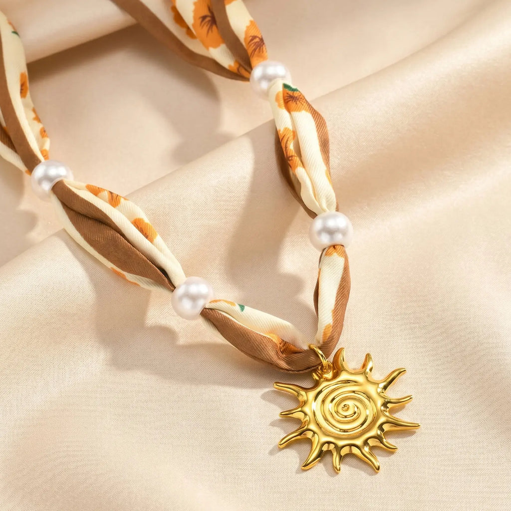 Vintage Silk Ribbon Necklace – 18K Gold Sunburst Pendant Pendant Necklace SPOT