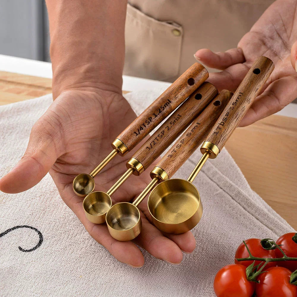 Gold-Plated Measuring Cup & Spoon Set – Rosewood Handle, 4-Pc Measuring Cup Set SPOT