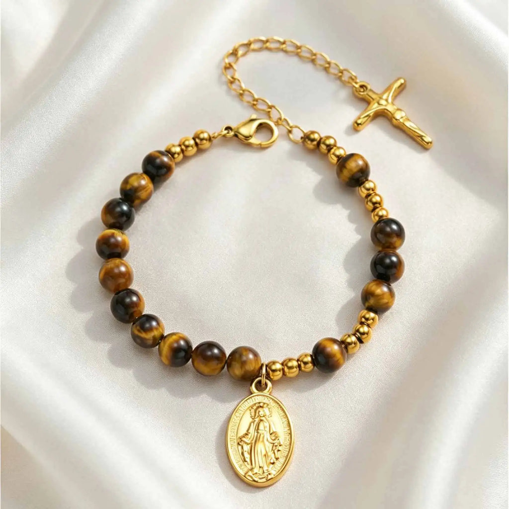 Virgin Mary Cross Rosary Bracelet – Tiger Eye Beaded, Women Religious Beaded Bracelet SPOT