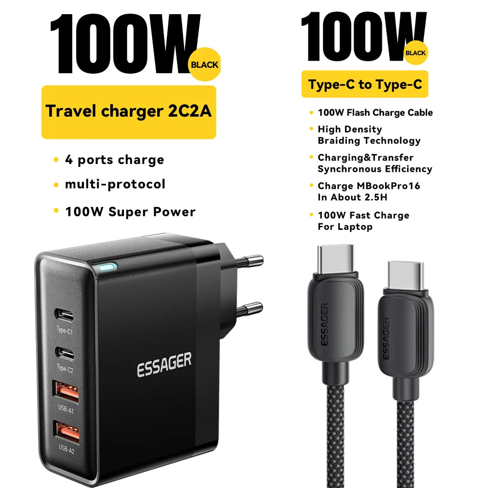 Essager 100W 4-Port USB-C Fast Charger – PD QC 65W Desktop Multi-Port USB Charger SPOT EU Black Add C-C