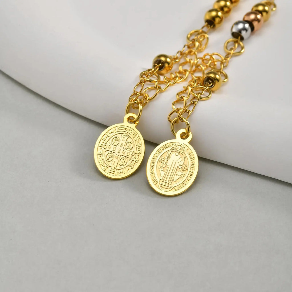 Virgin Mary Cross Bracelet – Triple Tone Rosary Bead for Women Religious Bracelet SPOT