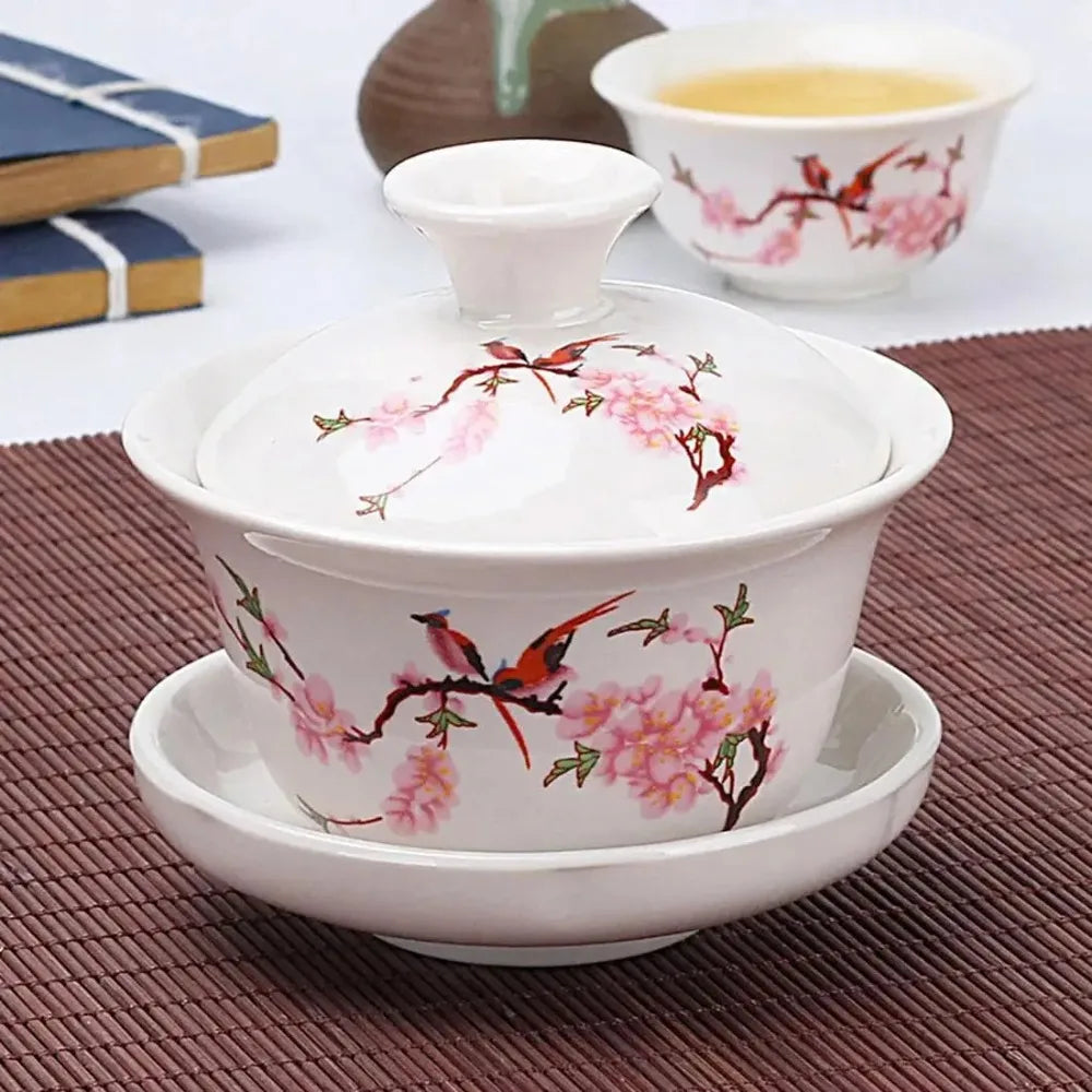 Chinese Porcelain Sancai Gaiwan Set – 3-Piece Bird-Flower Tea Bowl Porcelain Gaiwan Set SPOT
