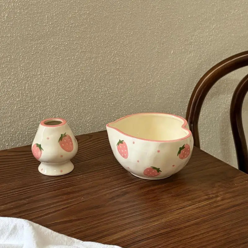 Heart Ceramic Matcha Bowl & Whisk Holder Set – Hand-Painted Ceramic Tea Set SPOT A5